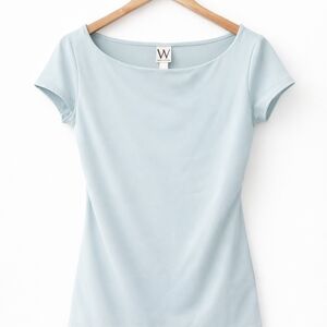 Worthington Light Blue Fitted Short Sleeve Top – Stretch Scoop Neck Blouse